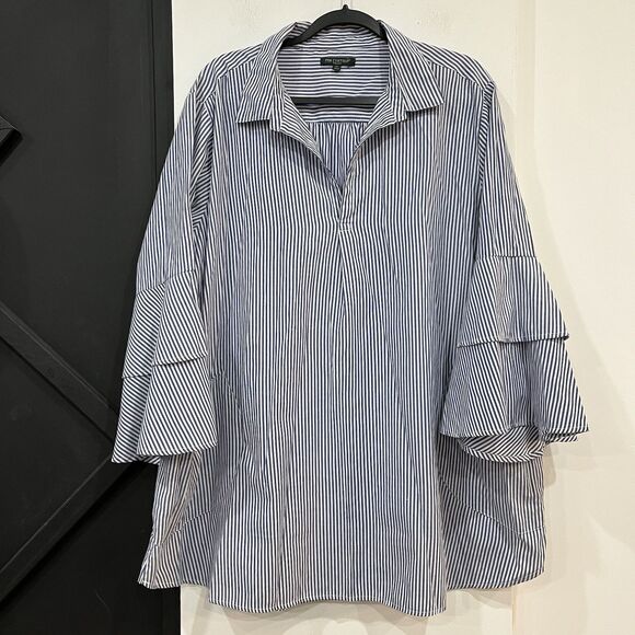 For Cynthia Women Striped Collared Tunic Top Pockets Bell Sleeve 3X Plus - Picture 1 of 7